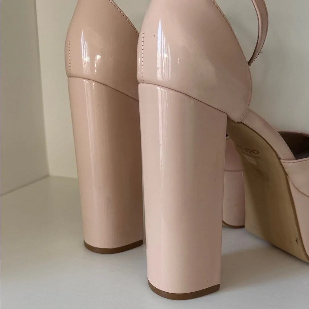 Aldo Nude Patent Platform Block Heel Pumps with Ankle Strap